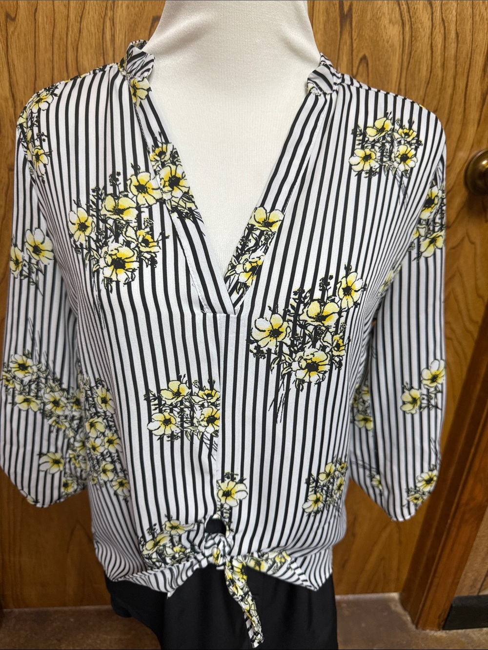Wishful Park Black & White Striped Tie-Front Top with Yellow Floral Accents